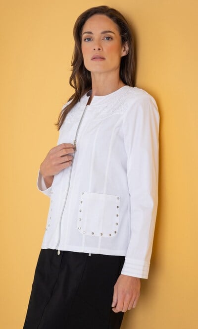 Lace Trim Cotton Blend Collarless Jacket