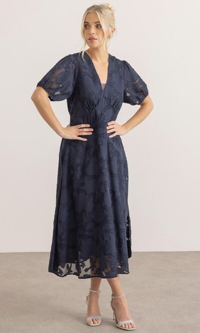 Floral Burnout V Neck Midi Dress