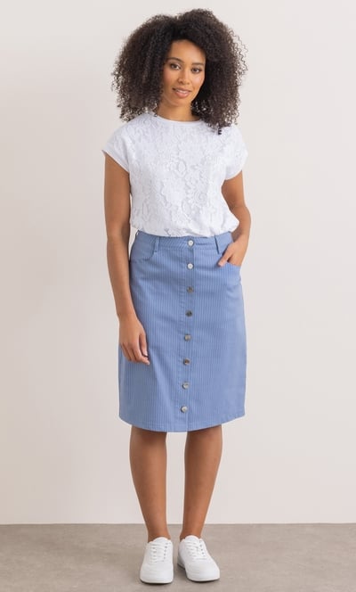 Striped Button Fastening Cotton Blend Skirt