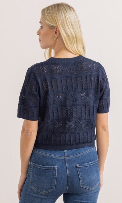 Short Sleeve Cropped Pointelle Cotton Cardigan