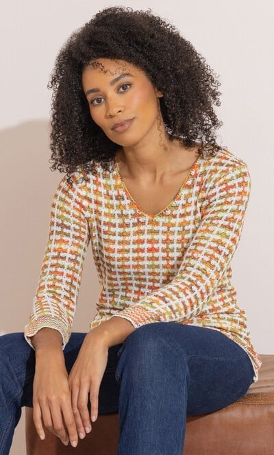Ribbon Knit V Neck Patterned Jumper