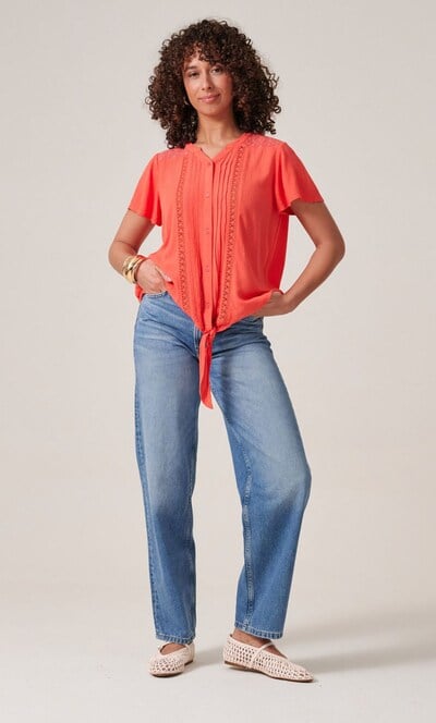 Lace Trim Tie Front Blouse