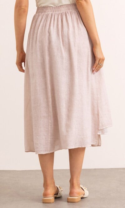 Linen Blend Mock Wrap Midi Skirt
