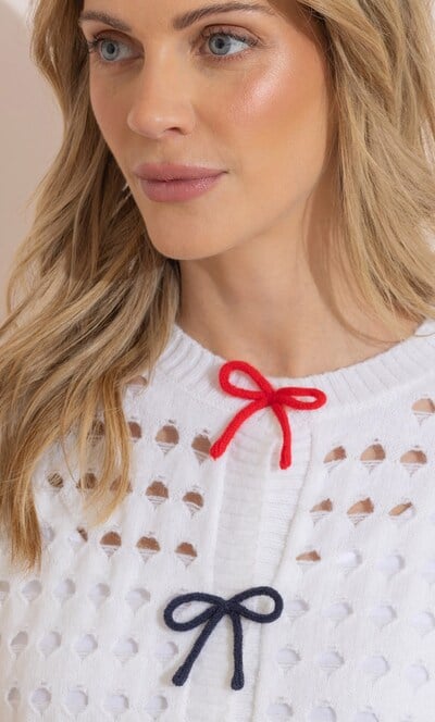 Bow Trim Pointelle Knitted Cardigan