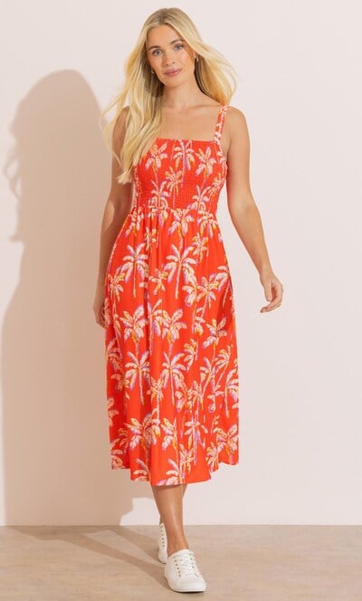 Palm Tree Print Smocked Midi Dress