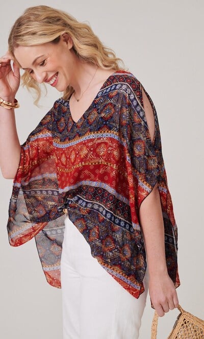 Printed Cold Shoulder Kimono Blouse