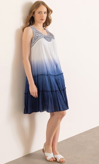 Embroidered Ombre Sleeveless Cotton Dress