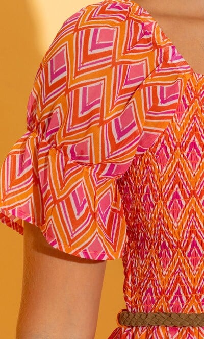 Belted Smocked Geometric Print Midaxi Dress