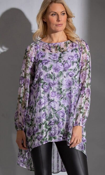 Floral And Stripe Shimmer Dip Hem Georgette Tunic Top