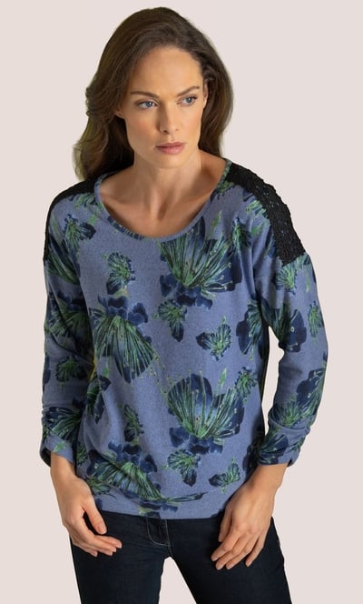Lace Trim Floral Print Knitted Top