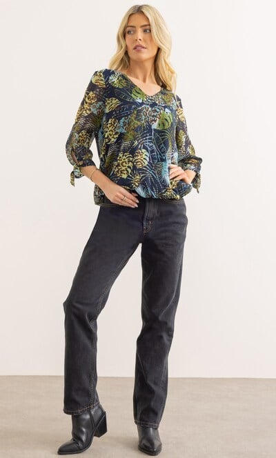 Leaf Printed Tie Sleeve Top