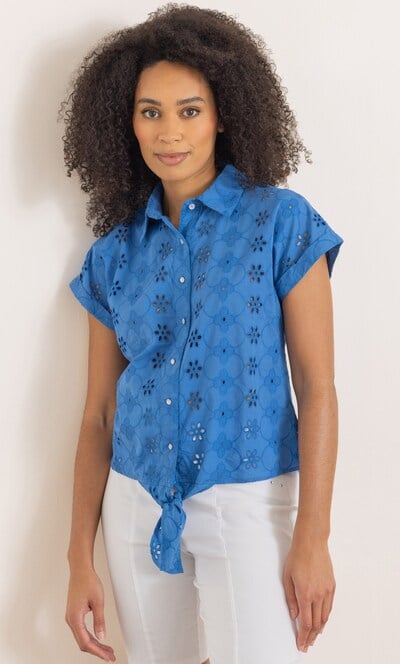 Embroidered Tie Front Cotton Shirt