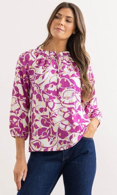 Floral And Foil Printed Tie Neck Top