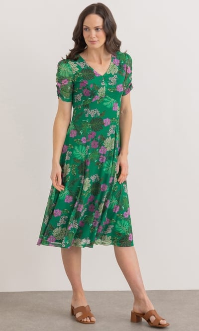 Garden Print V Neck Mesh Dress