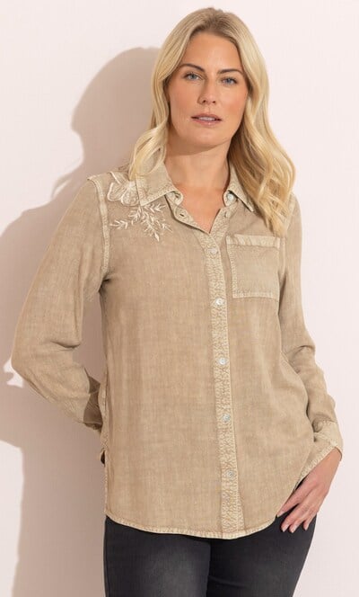 Embroidered Washed Long Sleeve Shirt