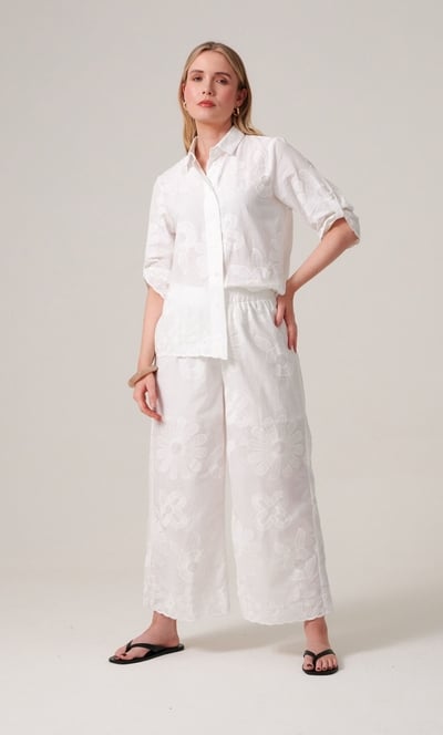 Embroidered Cotton Wide Leg Cropped Trousers