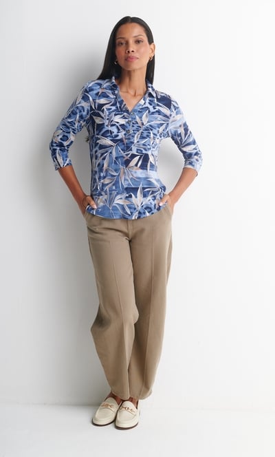 Anna Rose Textured Leaf Print Polo Top