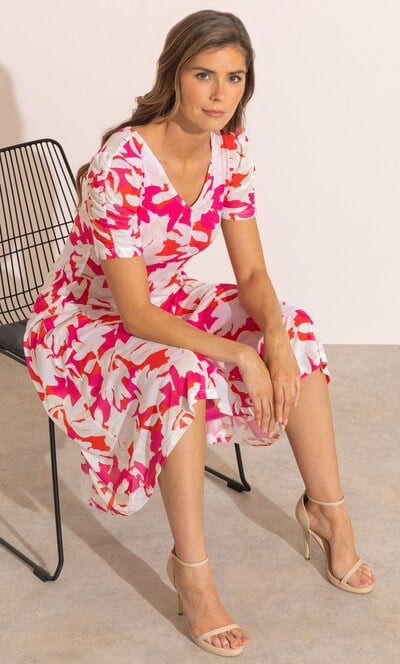 Floral Mesh V Neck Midi Dress