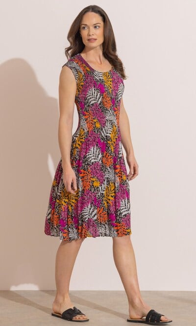 Leaf and Animal Printed Pleated Dress