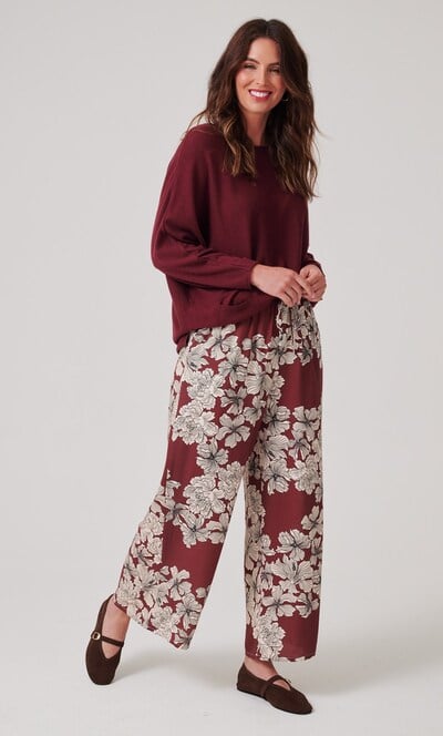 Wide Leg Pull On Floral Print Trousers
