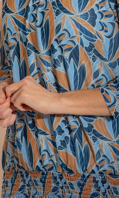 Printed Mesh Smocked Hem Top