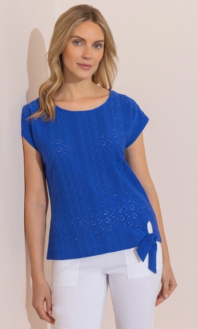Eyelet Embroidered Tie Front Jersey Top