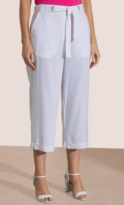 Wide Leg Cropped Linen Blend Trousers
