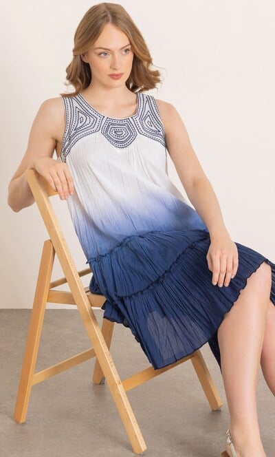 Embroidered Ombre Sleeveless Cotton Dress