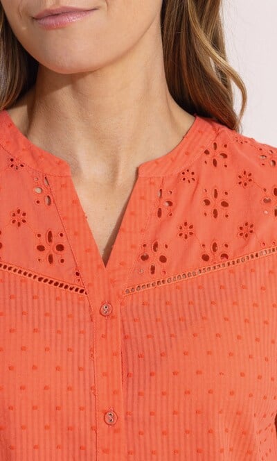 Broderie Anglaise Trimmed Dobby Cotton Top