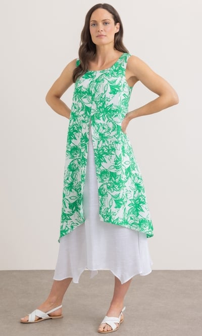 Botanical Print Layered Sleeveless Midi Dress