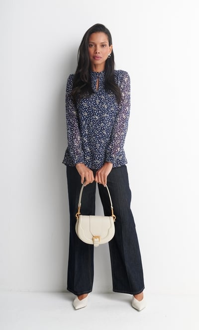 Anna Rose Gold Foil Feather Printed Blouse