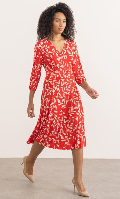 Leaf Printed Wrap Jersey Dress