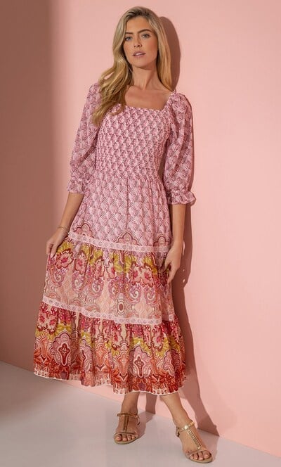 Embellished Printed Smocked Midaxi Dress