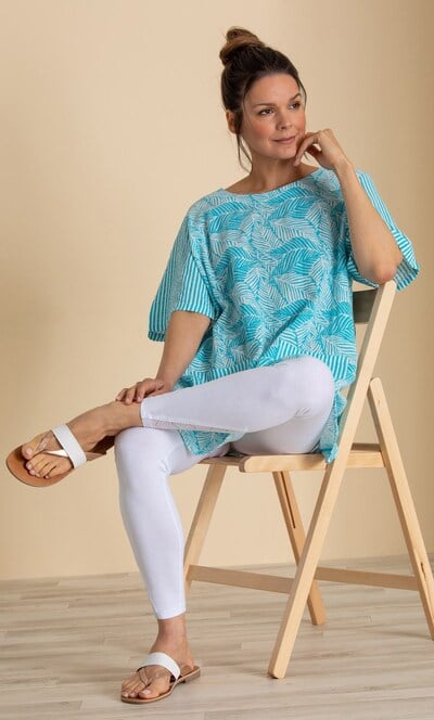 Leaf And Stripe Print Textured Tunic Top