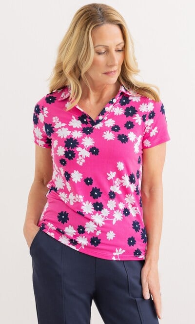 Anna Rose Textured Floral Print Polo Top