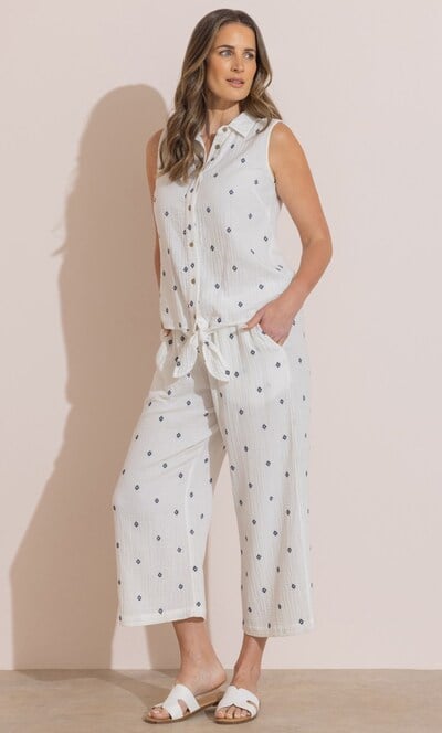 Embroidered Textured Cotton Wide Leg Cropped Trousers
