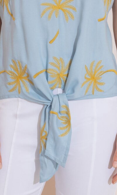 Palm Tree Embroidered Tie Front Top