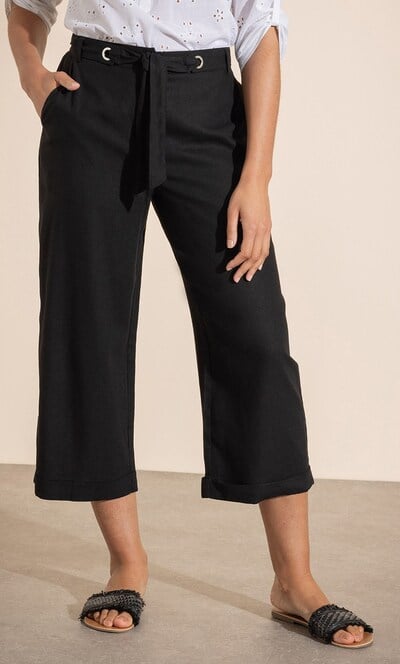 Wide Leg Cropped Linen Blend Trousers