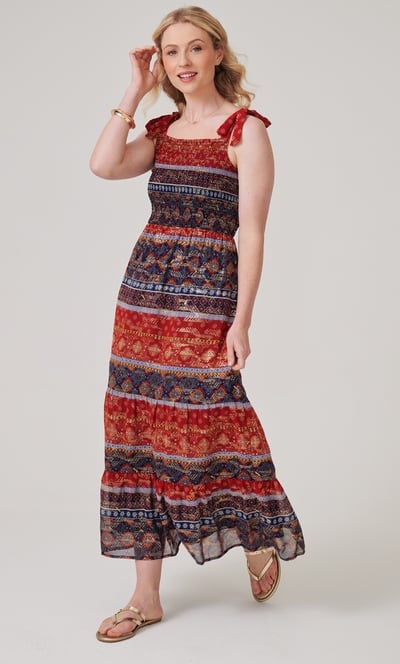 Smocked Shimmer Print Maxi Dress