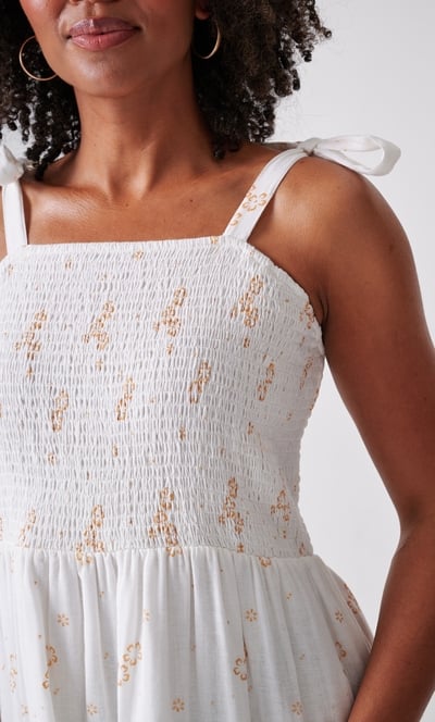 Floral Shimmer Print Smocked Cotton Midaxi Dress