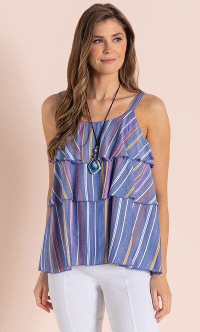 Sleeveless Tiered Stripe Top With Necklace