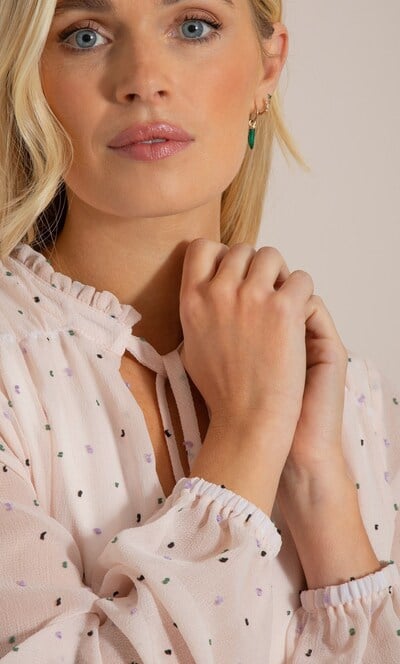 Dobby Spot Chiffon Tie Neck Top