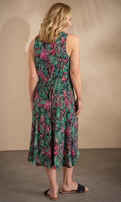 Anna Rose Leaf Print Plisse Button Dress