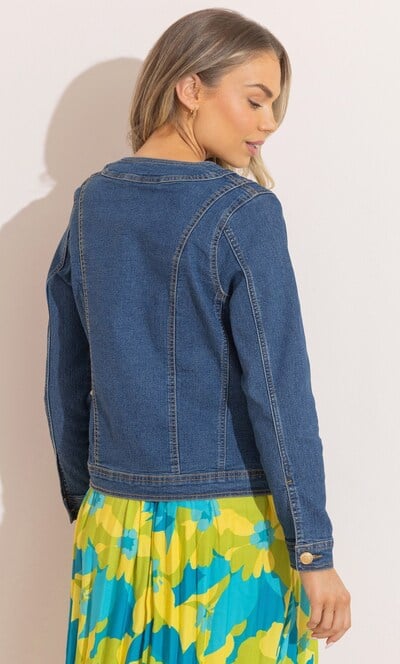 Collarless Washed Denim Jacket