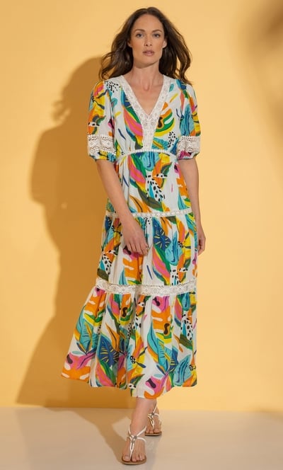 Printed Cotton Lace Trim Maxi Dress