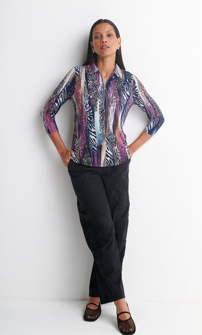 Anna Rose Textured Print Zip Detail Polo Top