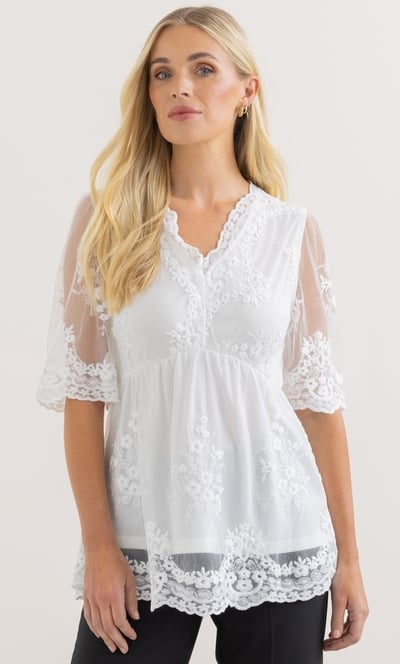 Embroidered V Neck Mesh Top