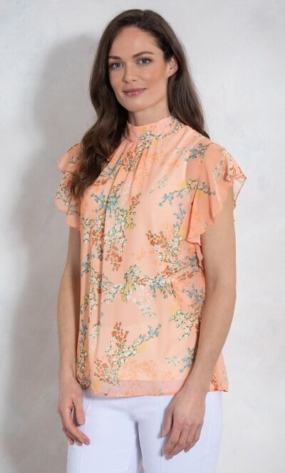 High Neck Floral Printed Chiffon Top