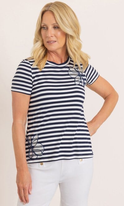 Anna Rose Embellished Striped Short Sleeve Top