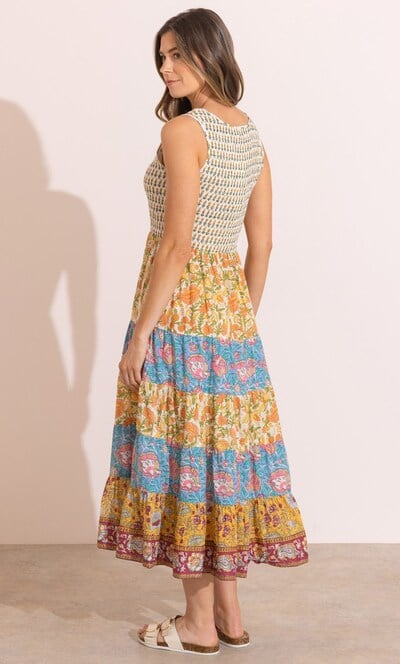Smocked Printed Cotton Midi Dress